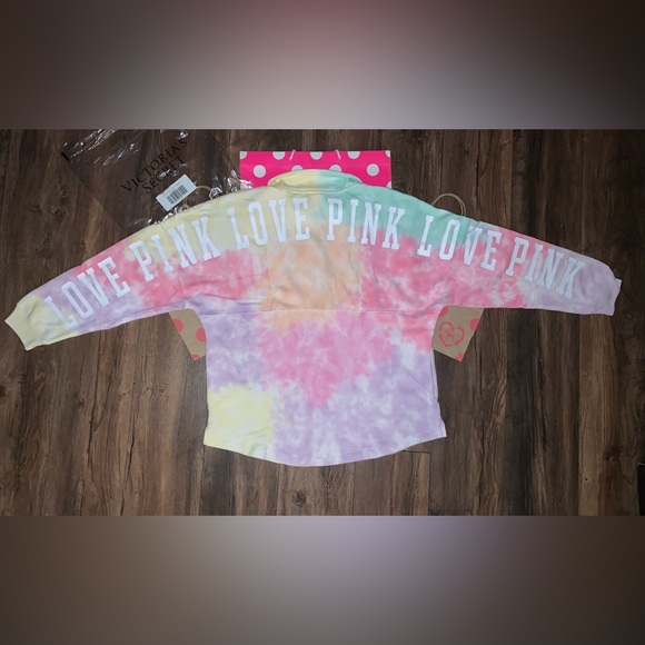NEW VS PINK Pastel Tie Dye Quarter Zip Logo Varsity Sweatshirt. - Picture 3 of 11